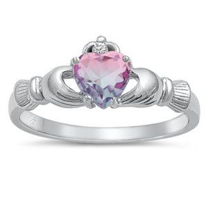 Claddagh Heart Sterling Silver Ring Pink Purple CZ